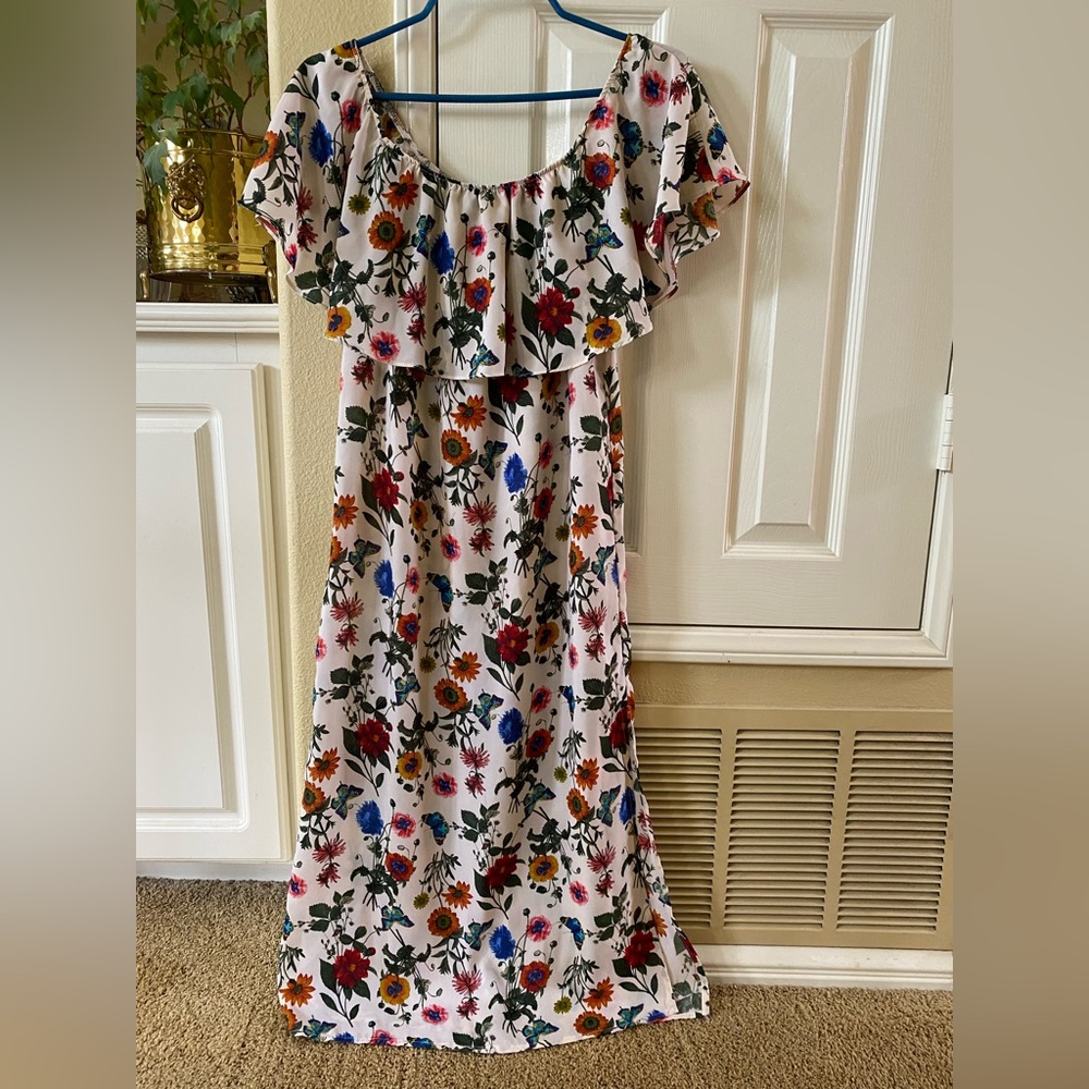Tattooed wild flowers and butterflies printed off shoulder maxi dress